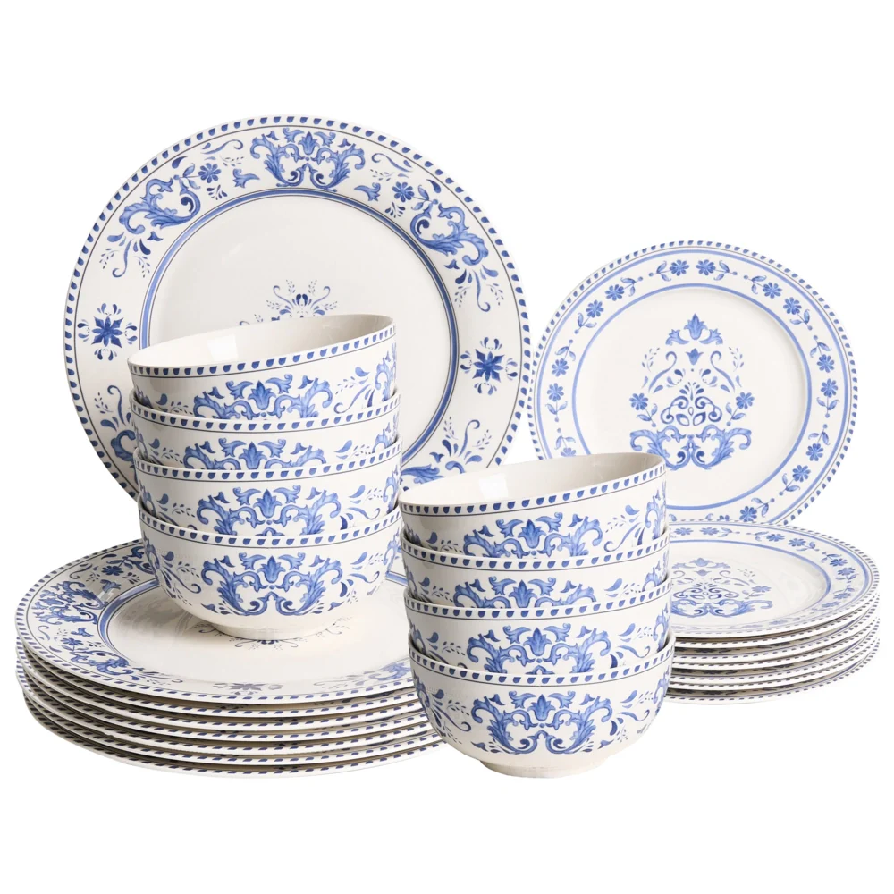 Set da 24 stoviglie in porcellana con motivo astratto bianco e blu, con finitura smaltata, per cucina e sala da pranzo