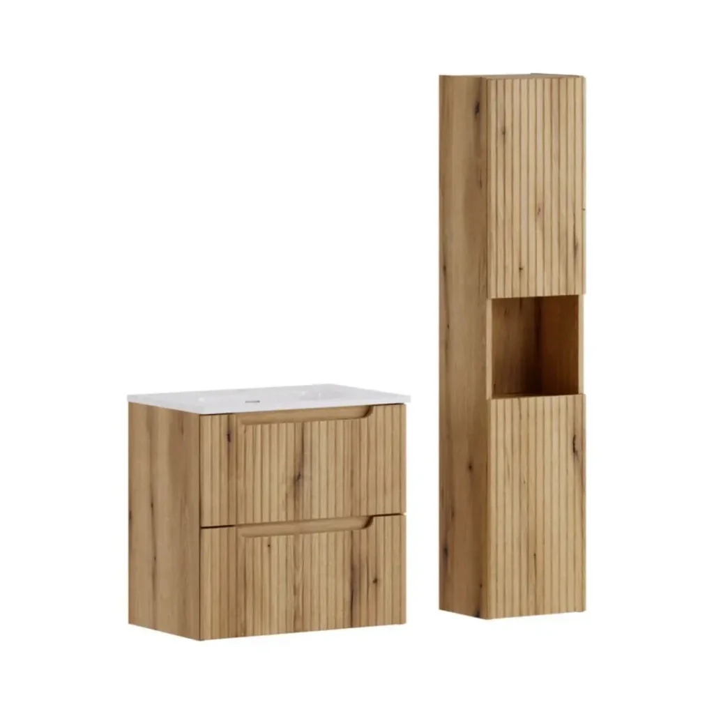 Set da bagno sospeso VANO in rovere chiaro 90cm: mobile sotto lavabo con cassetti + lavabo incassato + colonna