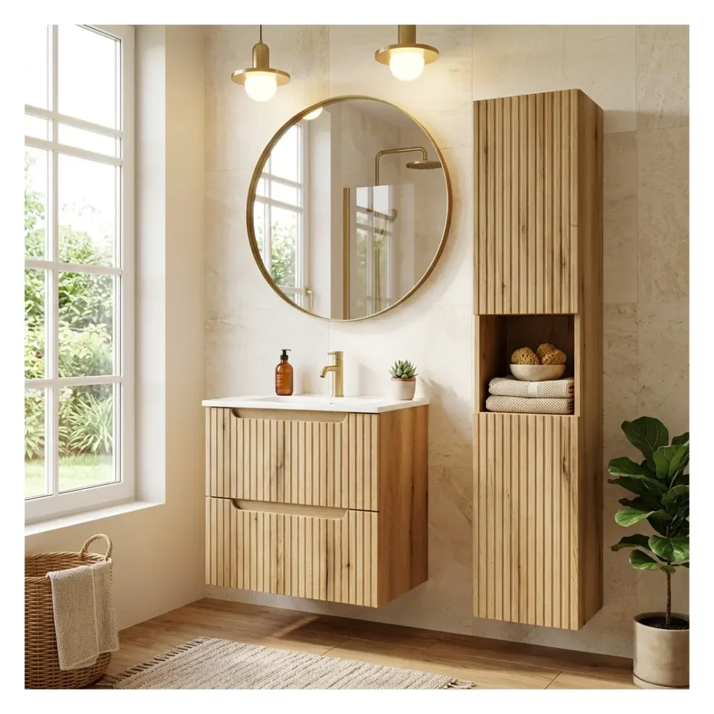 Set da bagno sospeso VANO in rovere chiaro 90cm: mobile sotto lavabo con cassetti + lavabo incassato + colonna - Image 2