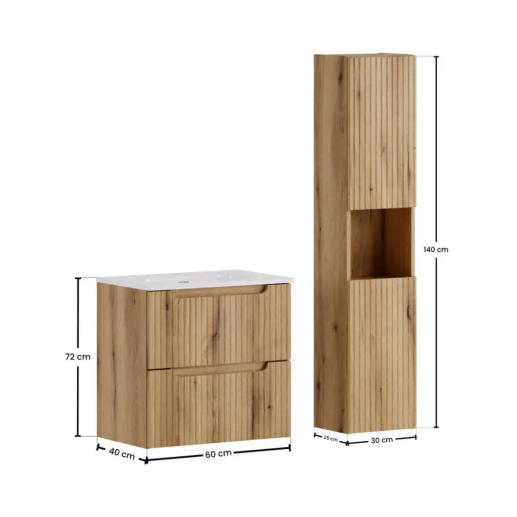 Set da bagno sospeso VANO in rovere chiaro 90cm: mobile sotto lavabo con cassetti + lavabo incassato + colonna - Image 3