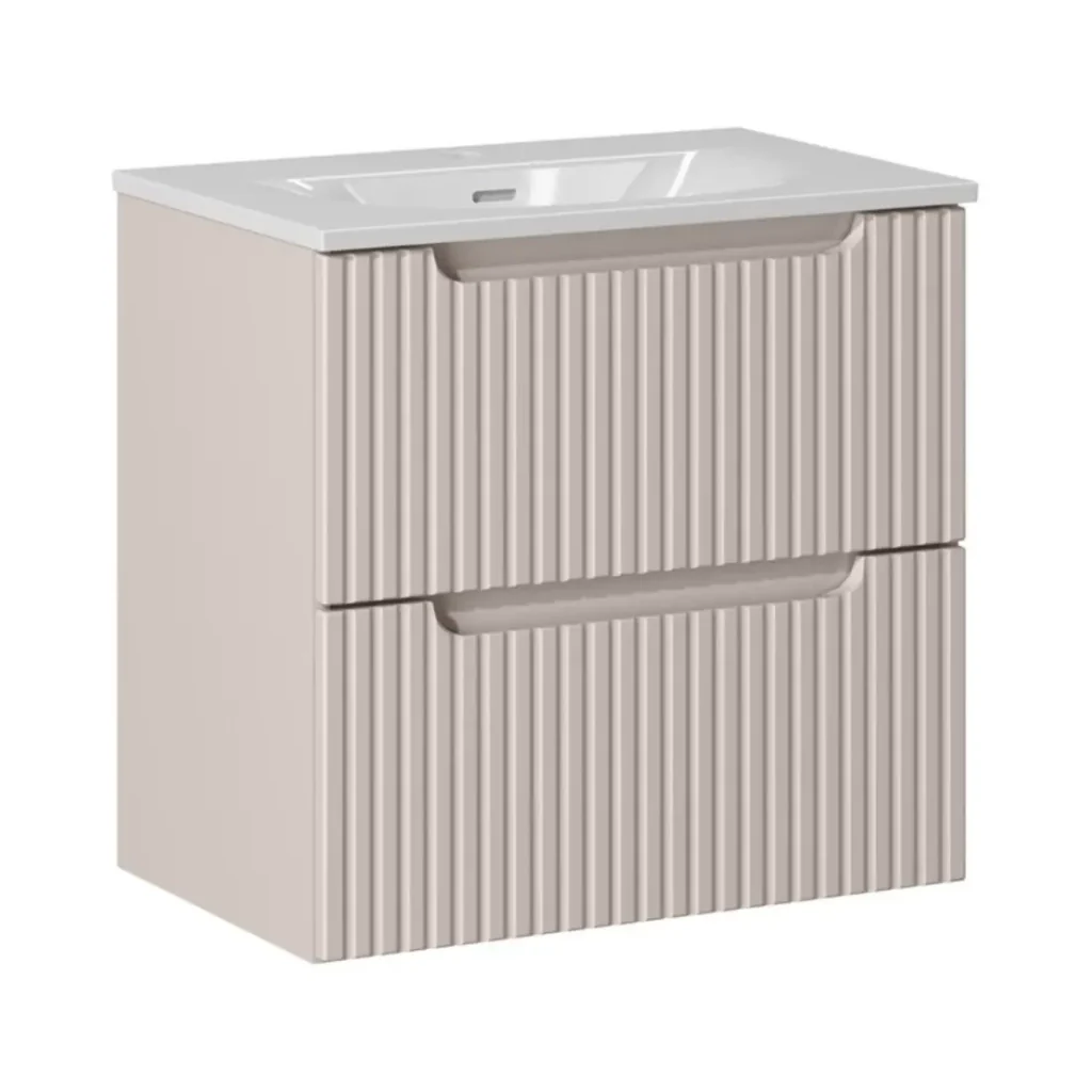 Set da bagno VANO cachemire e bianco 60cm: mobiletto sottolavabo con cassetti scanalati verticalmente + lavabo incassato