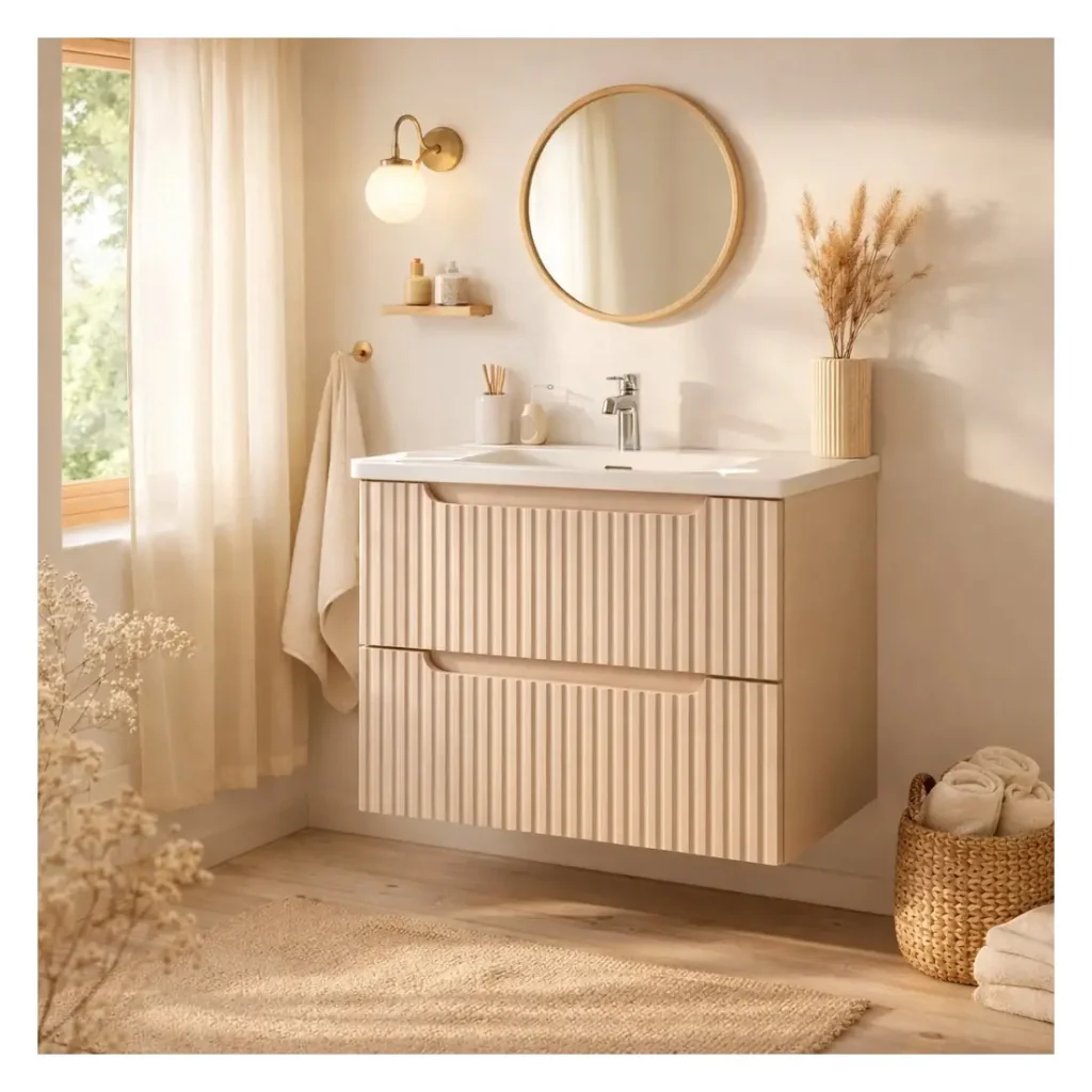 Set da bagno VANO cachemire e bianco 60cm: mobiletto sottolavabo con cassetti scanalati verticalmente + lavabo incassato - Image 2