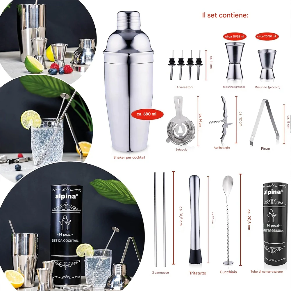 Set da Cocktail Completo 14Pz con Shaker Stamper Jigger Accessori in Acciaio Inox - Image 3