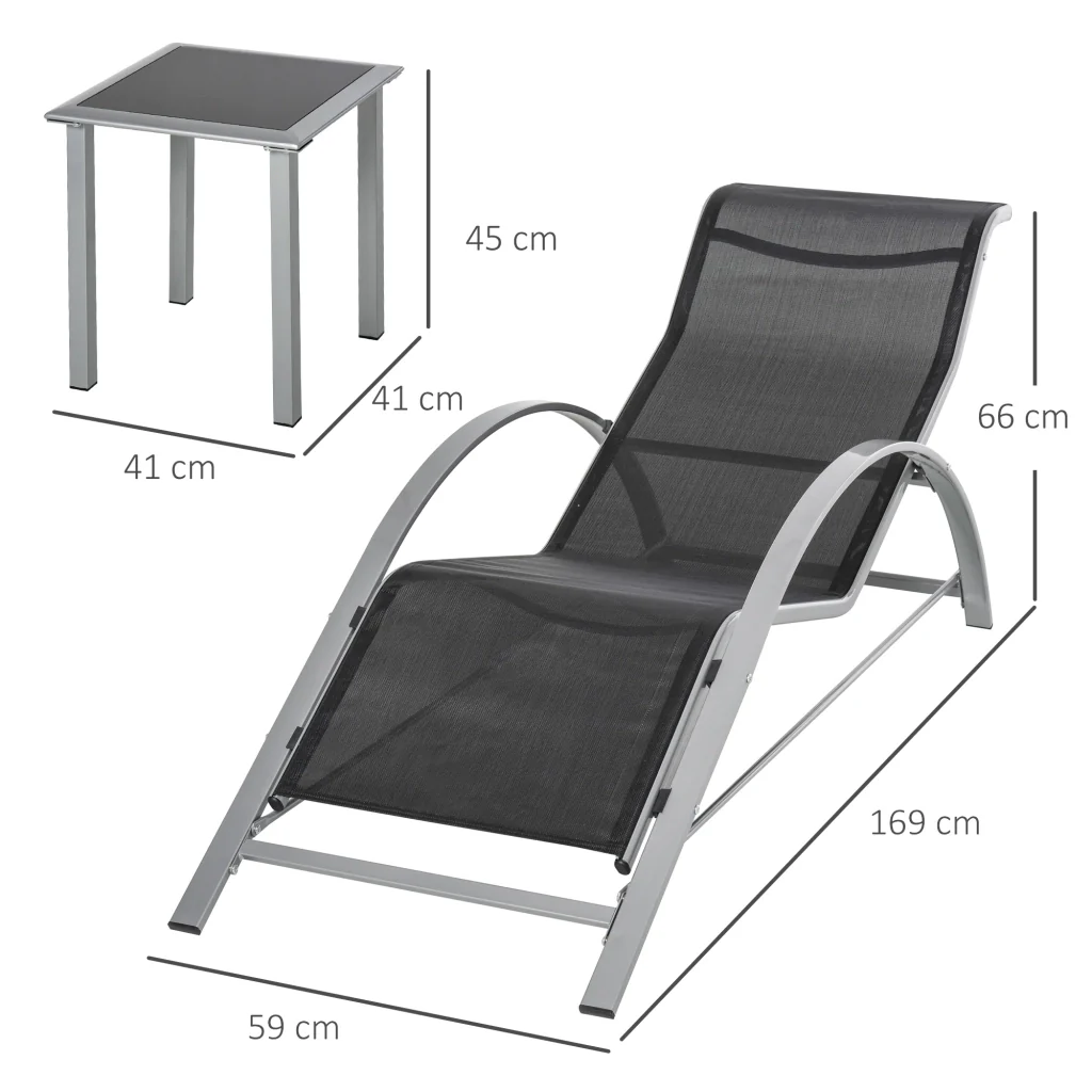 Set da giardino a 3 pezzi con 2 sdraio + tavolino da caffè in metallo balcone ideale per esterni in argento nero - Image 3