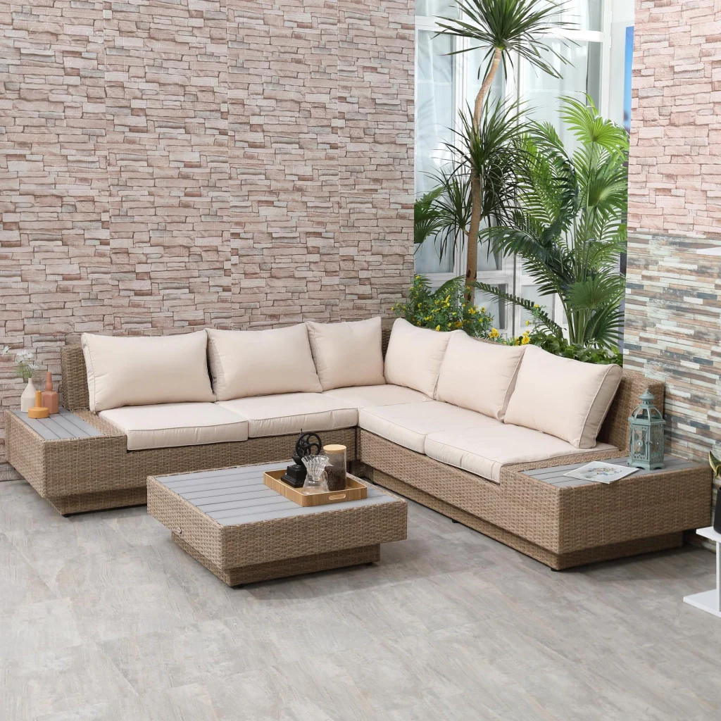 Set da Giardino Divano Angolare e Tavolino in Rattan Marrone chiaro - Image 2
