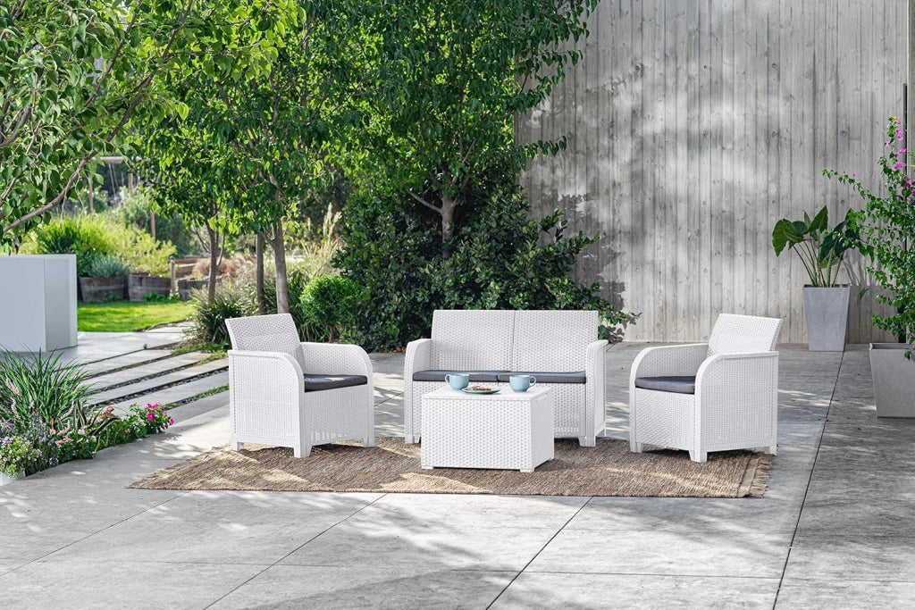 Set da Giardino 4 Pezzi in Polipropilene Effetto Rattan con Cuscini Colore Bianco Rosalie Lounge Keter - Image 3