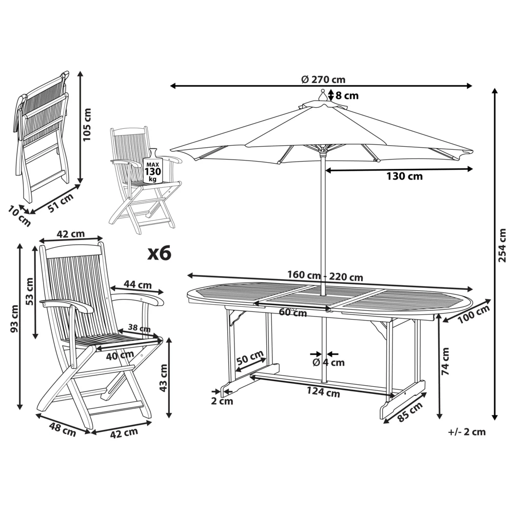 Set da pranzo per esterni in legno di acacia chiaro tavolo da 6 posti con ombrellone sedie pieghevoli design rustico - Image 3