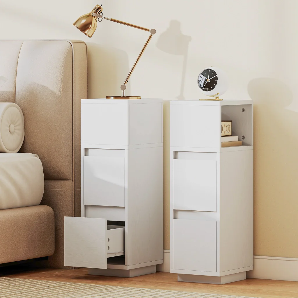 Set di 2 Comodini 25x30x65 cm con 2 Cassetti e Ripiano Aperto Salvaspazio in Legno Bianco - Image 2
