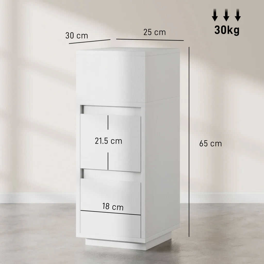 Set di 2 Comodini 25x30x65 cm con 2 Cassetti e Ripiano Aperto Salvaspazio in Legno Bianco - Image 3