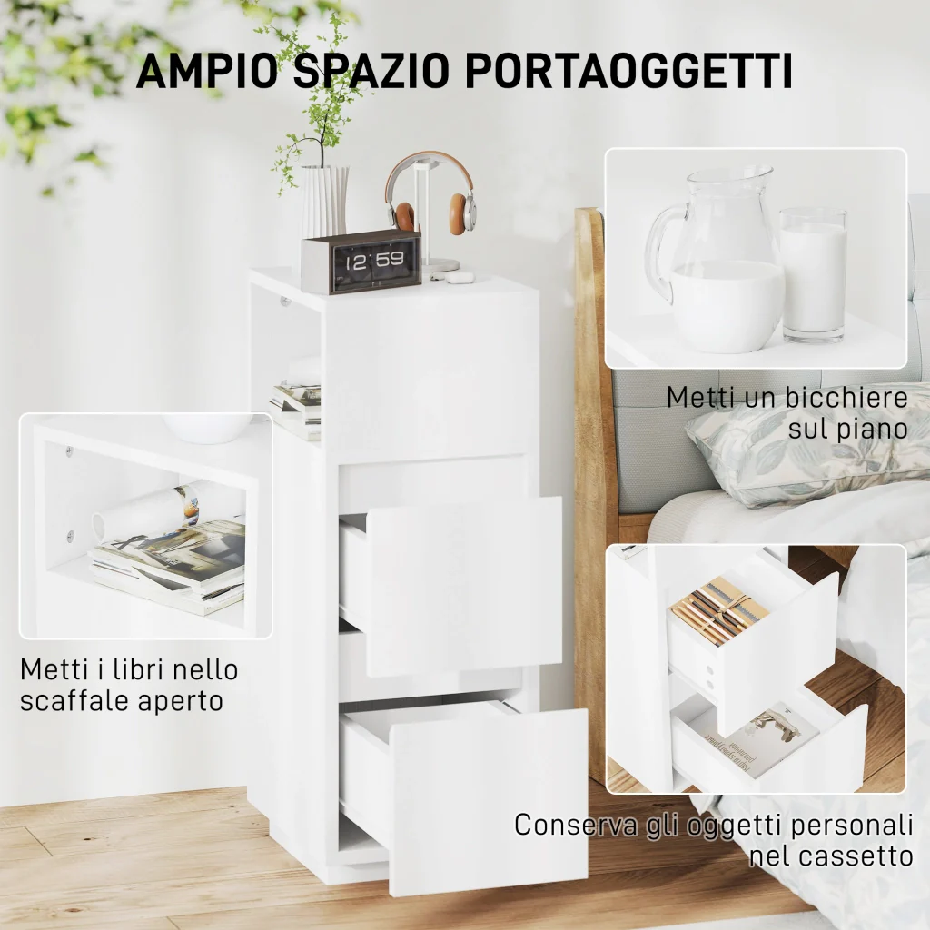 Set di 2 Comodini 25x30x65 cm con 2 Cassetti e Ripiano Aperto Salvaspazio in Legno Bianco - Image 4