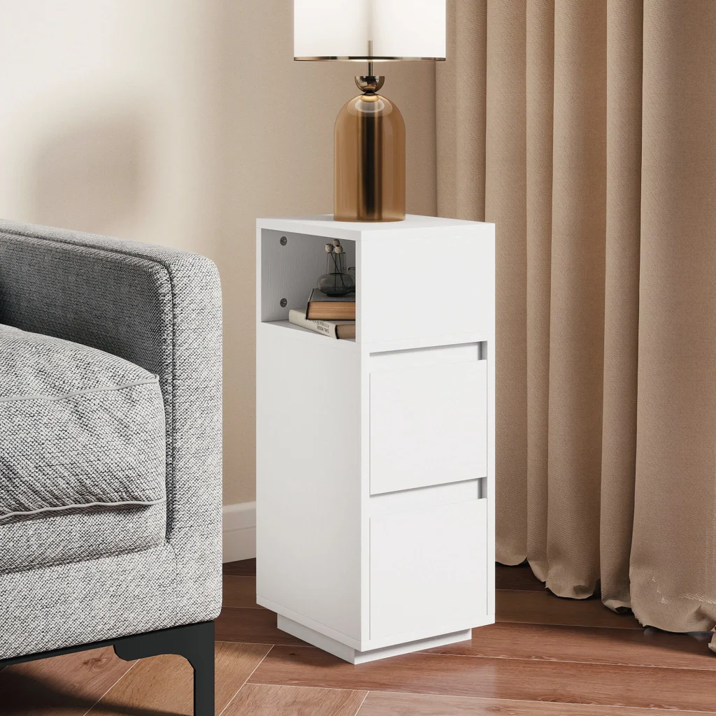 Set di 2 Comodini 25x30x65 cm con 2 Cassetti e Ripiano Aperto Salvaspazio in Legno Bianco - Image 9