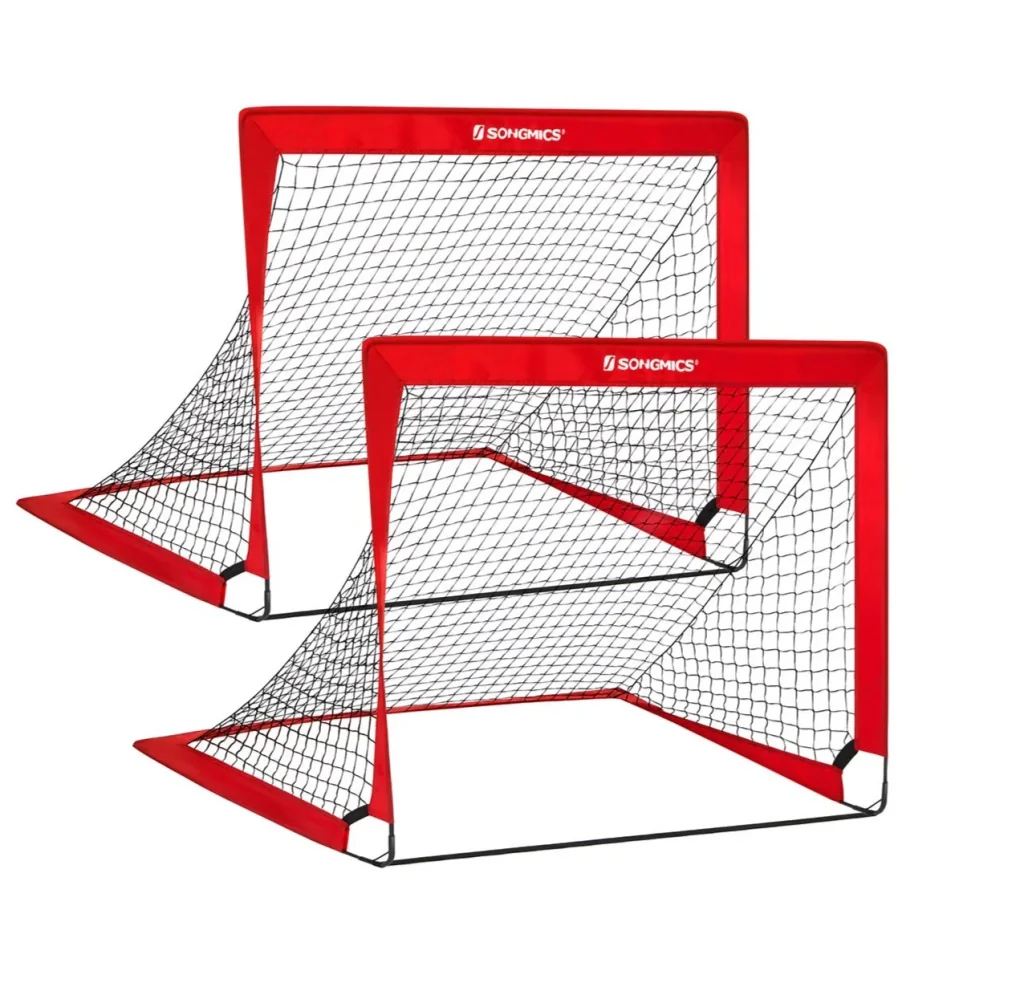 Set di 2 porte da calcio pieghevoli per bambini rete da calcio montaggio rapido per giardino telaio in fibra di vetro tessuto Oxford e poliestere rosso 12_0001990