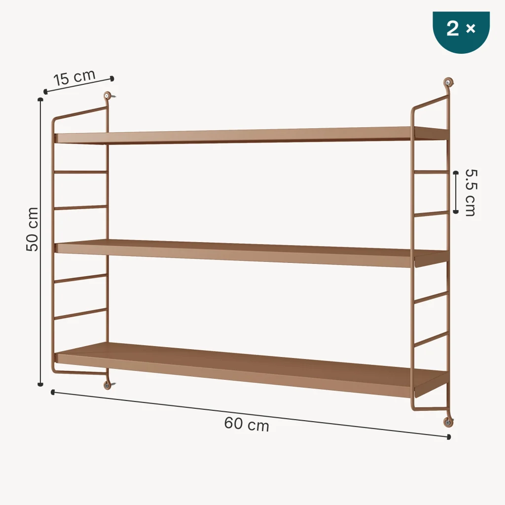 Set di 2 Scaffali da Parete Strängnäs a 3 Ripiani Regolabili  50 x 60 x 15 cm Acciaio Marrone chiaro opaco [en.casa] - Image 4