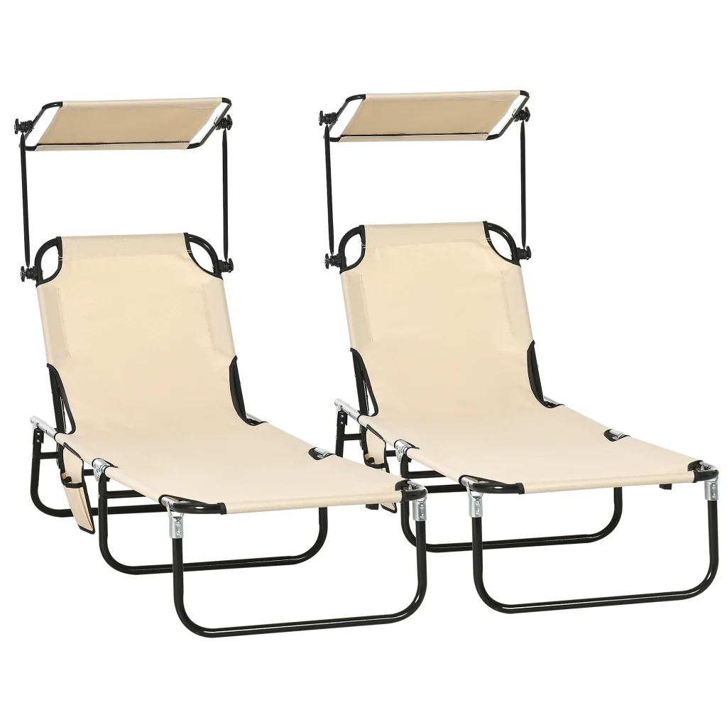 Set di 2 sdraio da giardino pieghevoli con baldacchino solare regolabile in altezza a 5 direzioni marrone