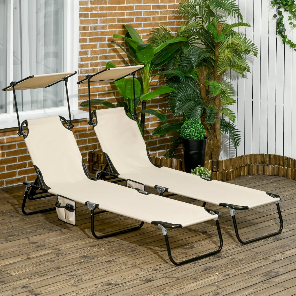 Set di 2 sdraio da giardino pieghevoli con baldacchino solare regolabile in altezza a 5 direzioni marrone - Image 2
