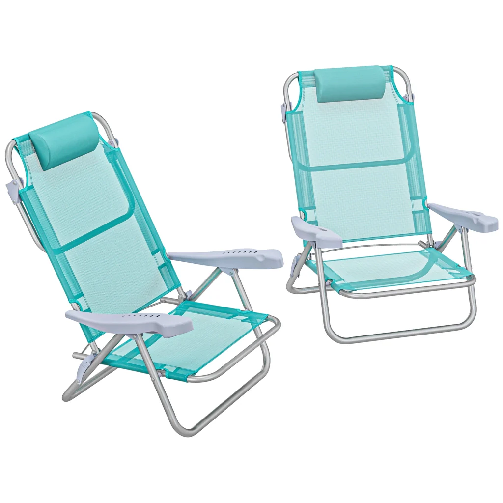 Set di 2 sedie da campeggio pieghevoli con poggiatesta a rete regolabile in 6 direzioni 6 x 65 x 80 cm turchese