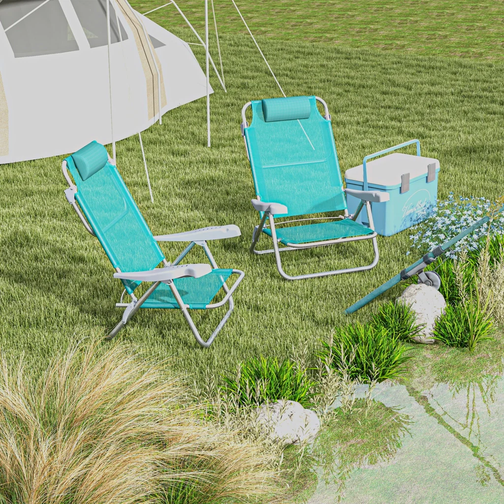 Set di 2 sedie da campeggio pieghevoli con poggiatesta a rete regolabile in 6 direzioni 6 x 65 x 80 cm turchese - Image 2