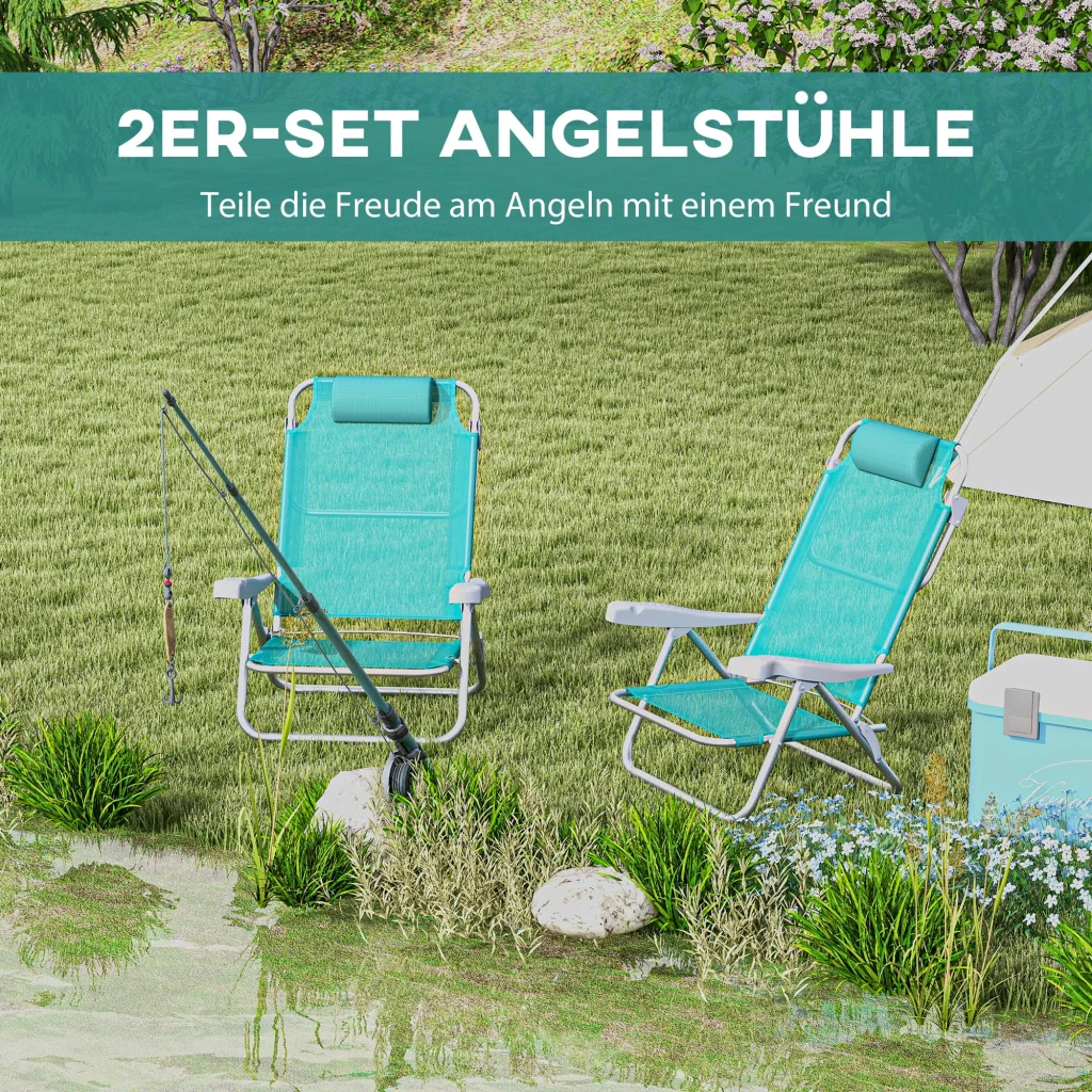 Set di 2 sedie da campeggio pieghevoli con poggiatesta a rete regolabile in 6 direzioni 6 x 65 x 80 cm turchese - Image 4
