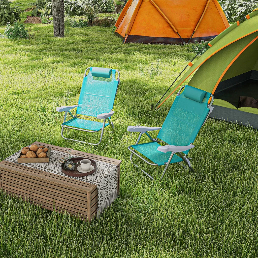 Set di 2 sedie da campeggio pieghevoli con poggiatesta a rete regolabile in 6 direzioni 6 x 65 x 80 cm turchese - Image 9