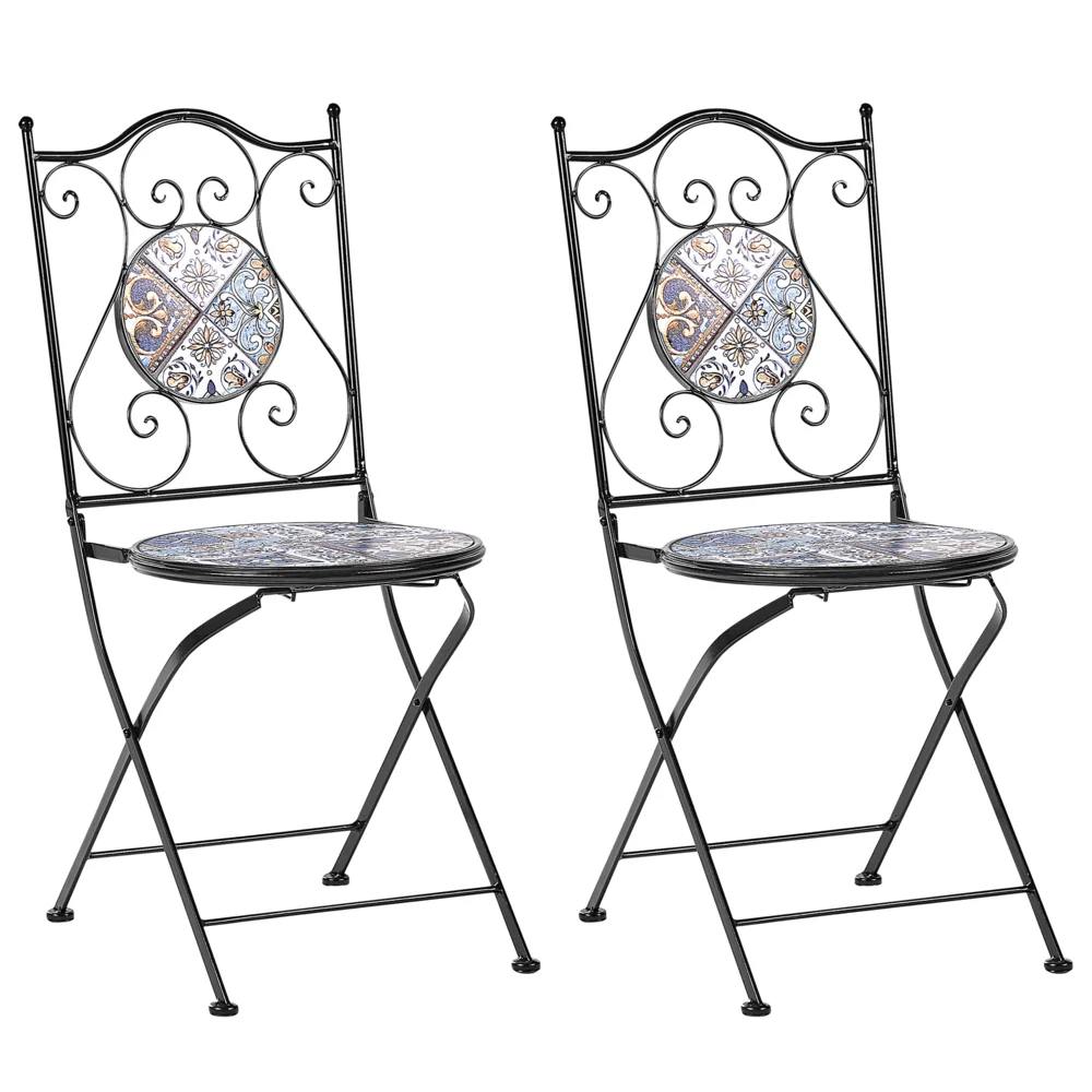Set di 2 sedie da esterno in metallo nero con motivo a mosaico e struttura in ferro pieghevole stile vintage - Image 2