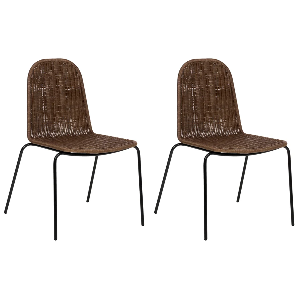 Set di 2 sedie da pranzo con seduta e schienale in rattan marrone scuro e gambe in ferro, senza braccioli, in stile industriale boho