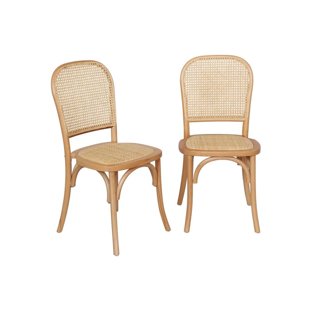 Set di 2 sedie vintage in legno e rattan, marrone naturale