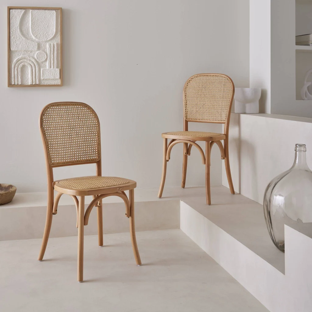 Set di 2 sedie vintage in legno e rattan, marrone naturale - Image 2