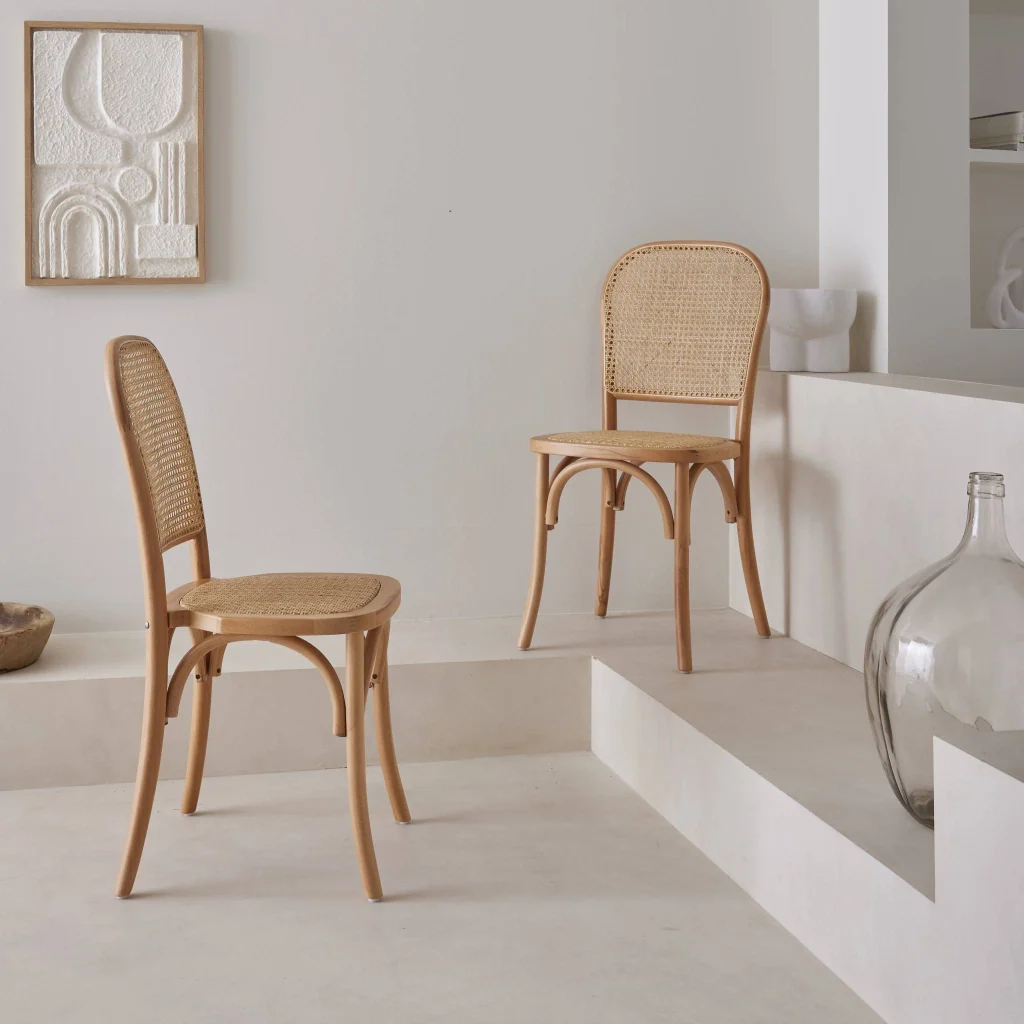 Set di 2 sedie vintage in legno e rattan, marrone naturale - Image 3