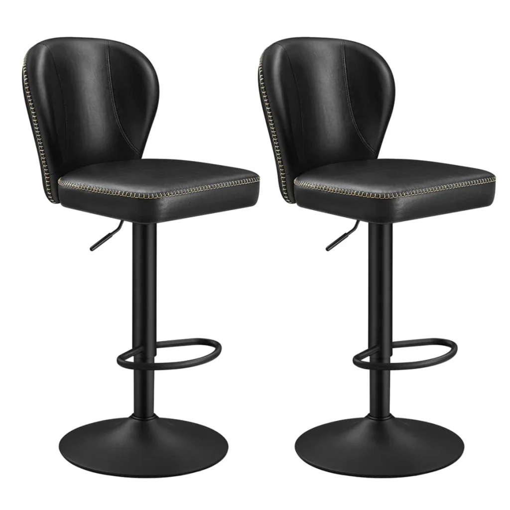 Sgabello da bar girevole a 360° set da 2 altezza regolabile schienale in PU con cuciture stile moderno di metà secolo per cucina/bar facile da montare nero 12_0005381