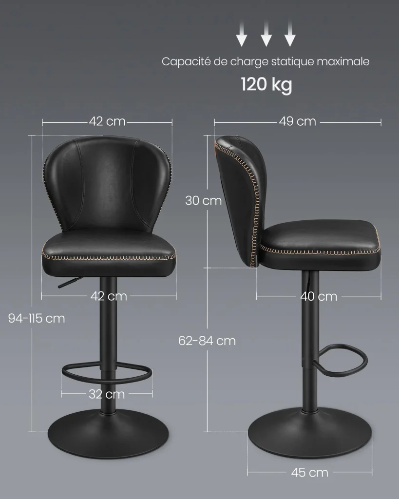 Sgabello da bar girevole a 360° set da 2 altezza regolabile schienale in PU con cuciture stile moderno di metà secolo per cucina/bar facile da montare nero 12_0005381 - Image 4