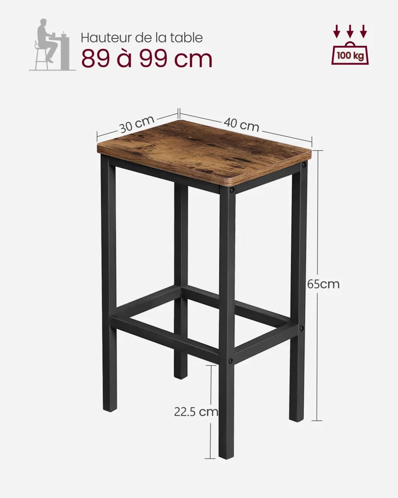 Set di 2 sgabelli da bar/sgabelli alti in stile industriale per cucina sala da pranzo soggiorno 40 x 30 x 65 cm marrone 12_0006199 - Image 3
