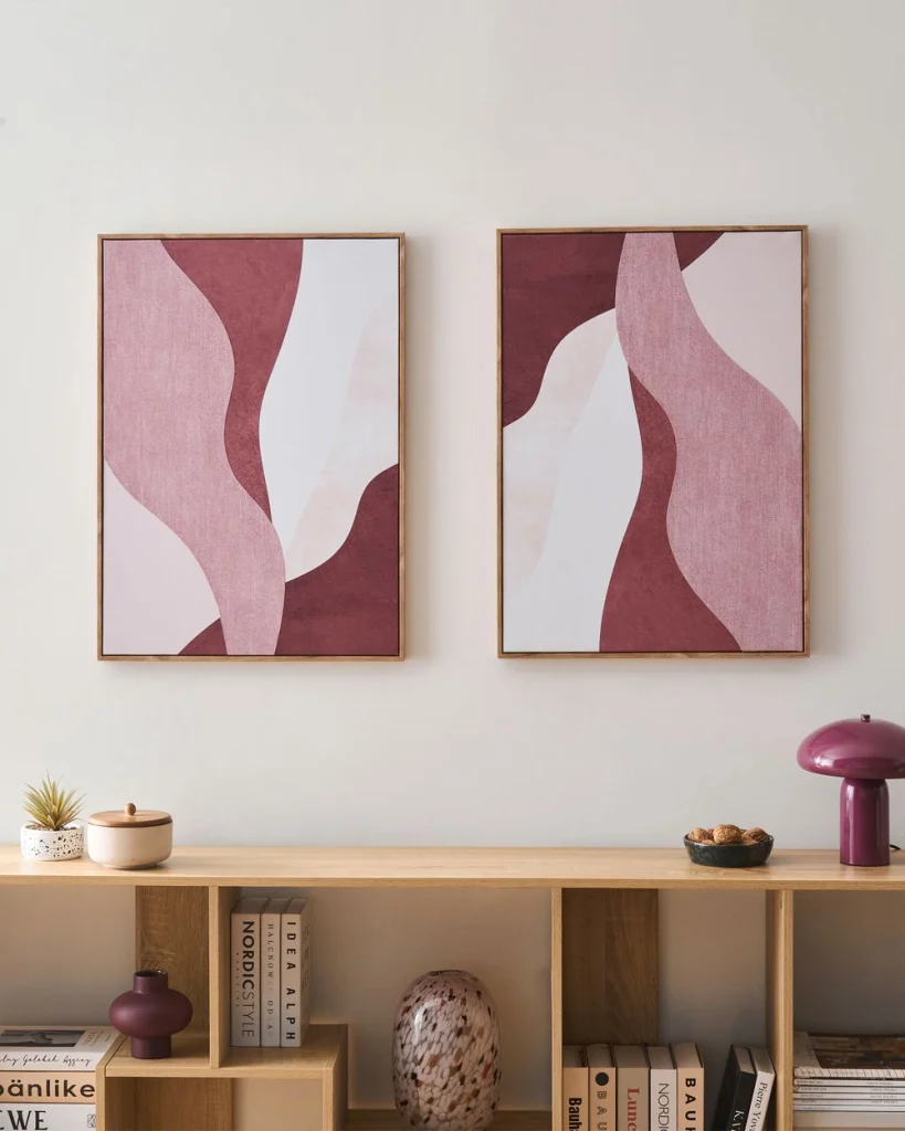 Set di 2 stampe su tela rosa da parete decorazione artigianale con forme astratte materiali sintetici cornice in legno di pino per il soggiorno - Image 4