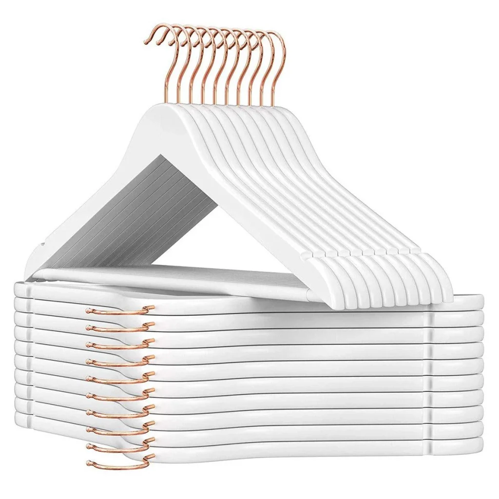 Set di 20 grucce in legno con tacche e gancio girevole a 360° in oro rosa per giacche camicie e pantaloni bianco 12_0003052