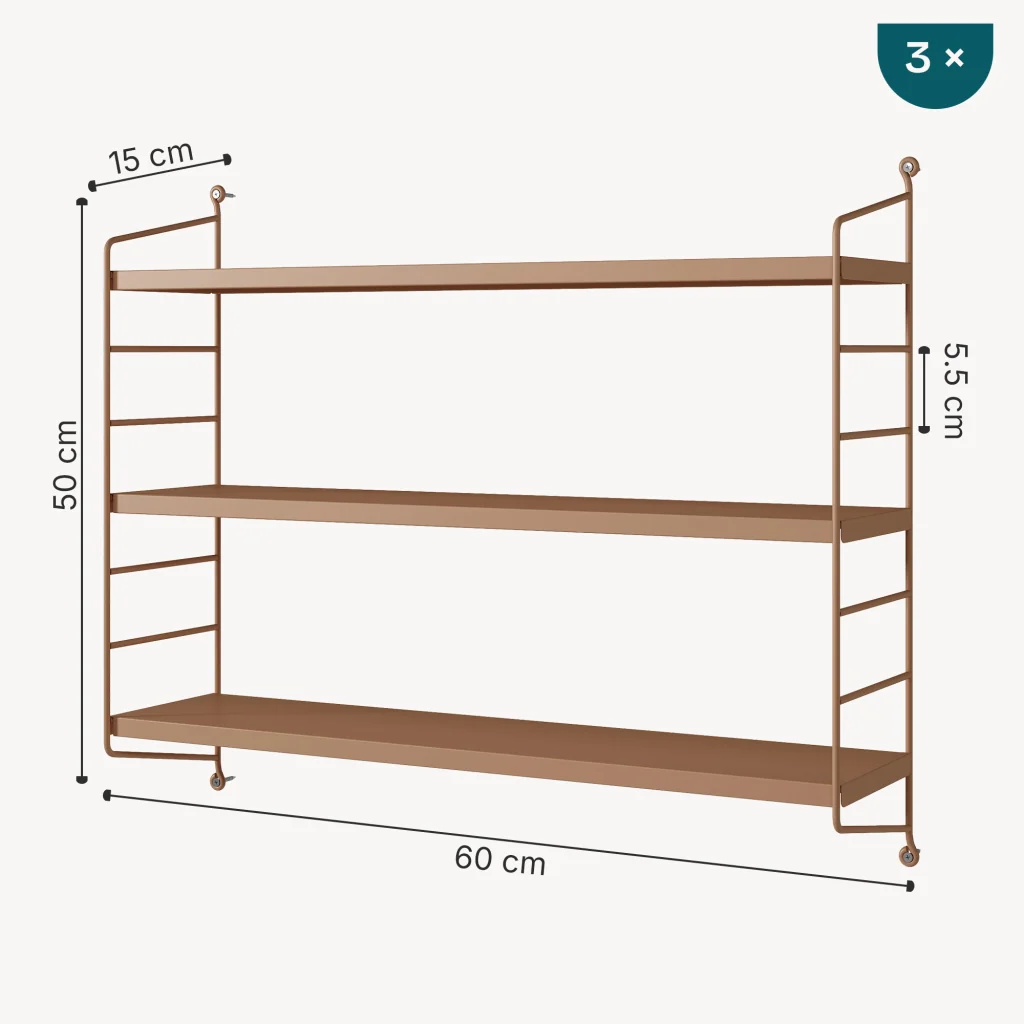 Set di 3 Scaffali da Parete Strängnäs a 3 Ripiani Regolabili  50 x 60 x 15 cm Acciaio Marrone chiaro opaco [en.casa] - Image 4