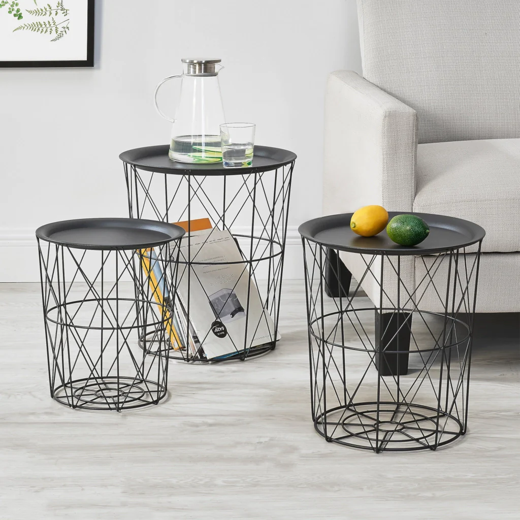 Set Worcester 3 Tavolini Contenitori in Metallo con Piano Rimovibile - Nero [en.casa] - Image 6
