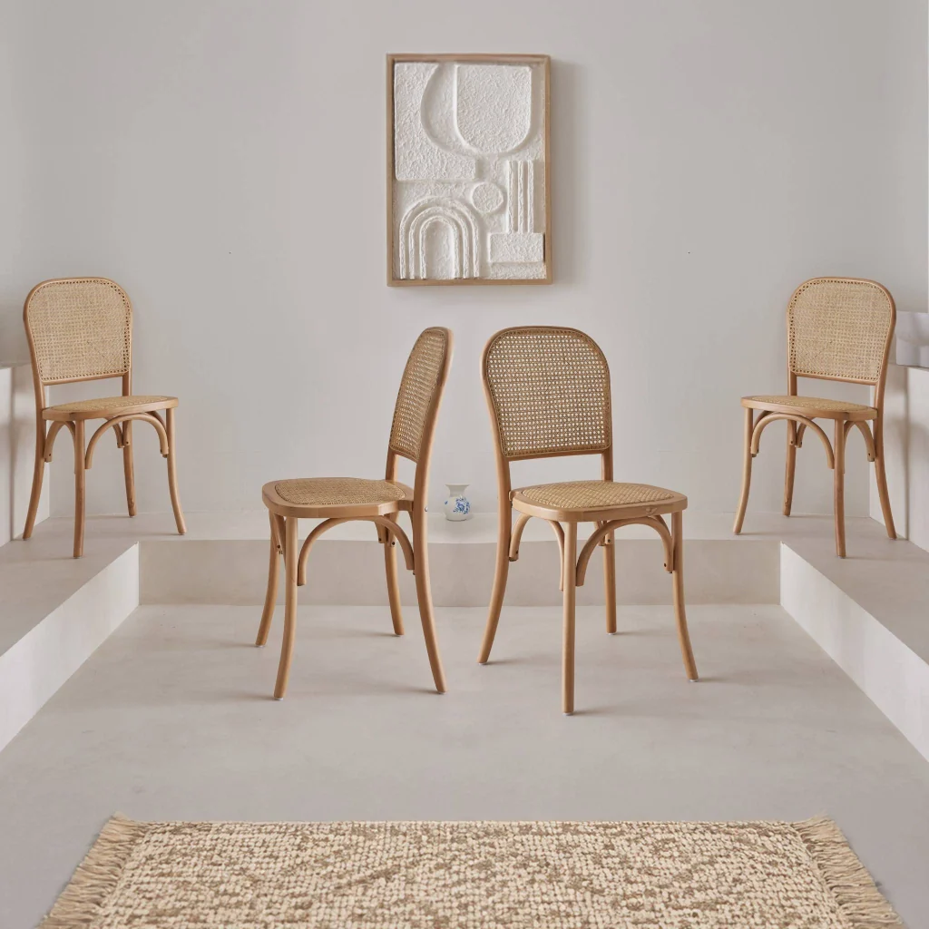 Set di 4 sedie in legno e rattan vintage , marrone naturale - Image 2