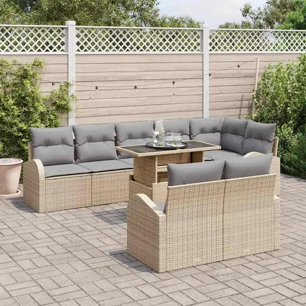 Set Divano da Giardino con cuscino 9 pcs Beige Poly Rattan - Image 3