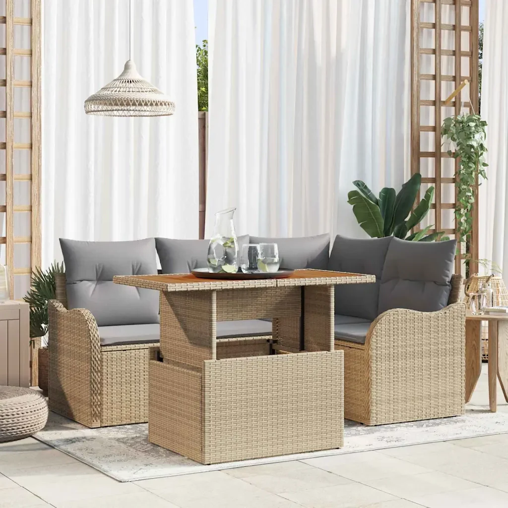 Set Divano da Giardino 5 pcs Beige Poly Rattan