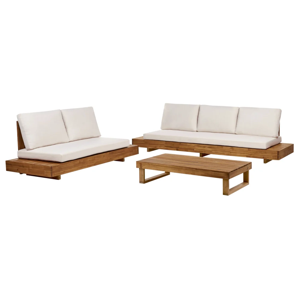 Set di divani da giardino Legno chiaro certificato Acacia Outdoor 5 posti 2 divani con tavolino Cuscini Design moderno