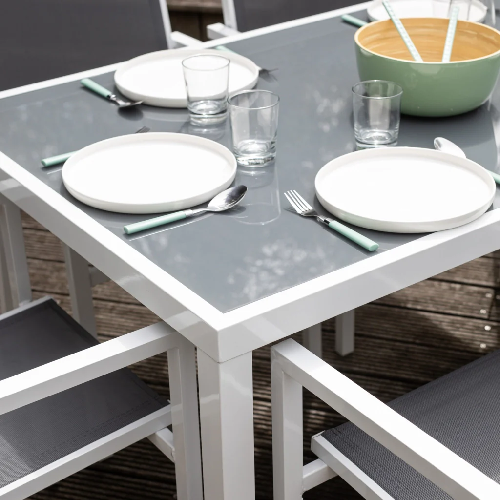 Set di mobili da giardino BERGAMO in textilene grigio 6 posti - alluminio bianco - Image 6