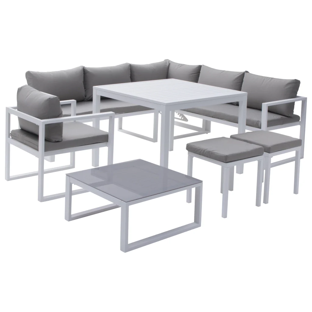 Set di mobili da giardino modulari IBIZA in tessuto grigio per 7 persone - alluminio bianco