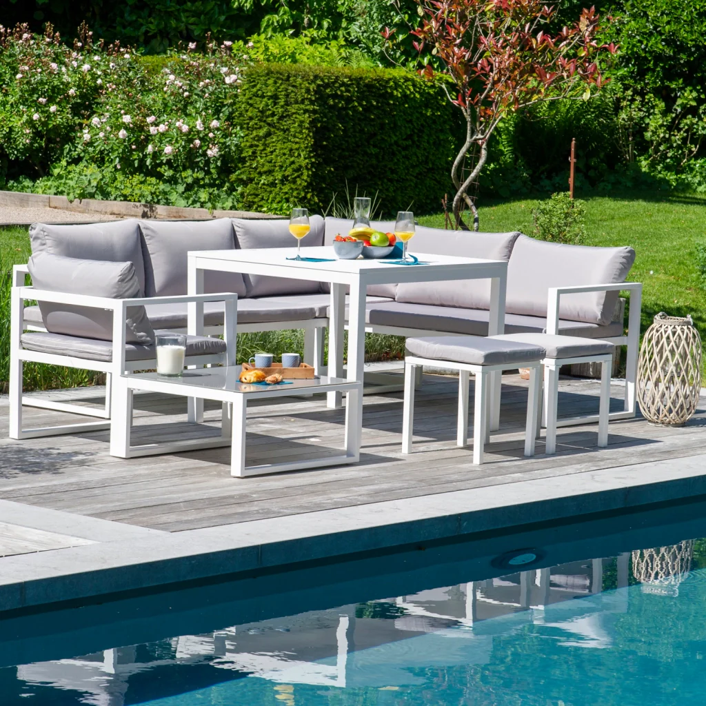 Set di mobili da giardino modulari IBIZA in tessuto grigio per 7 persone - alluminio bianco - Image 2