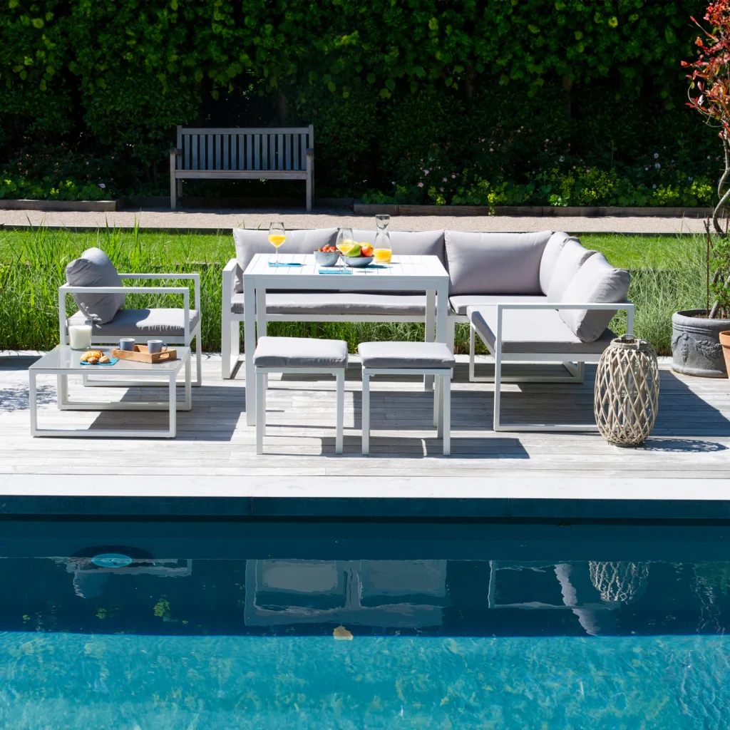 Set di mobili da giardino modulari IBIZA in tessuto grigio per 7 persone - alluminio bianco - Image 7