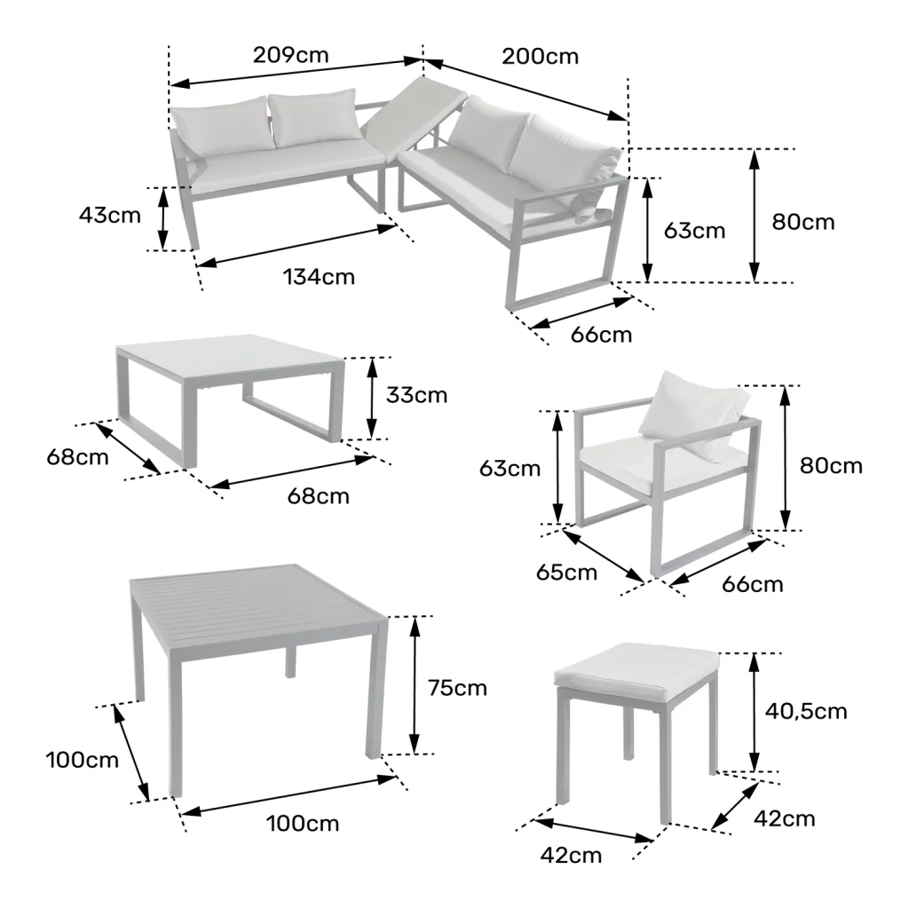Set di mobili da giardino modulari IBIZA in tessuto grigio per 7 persone - alluminio bianco - Image 8