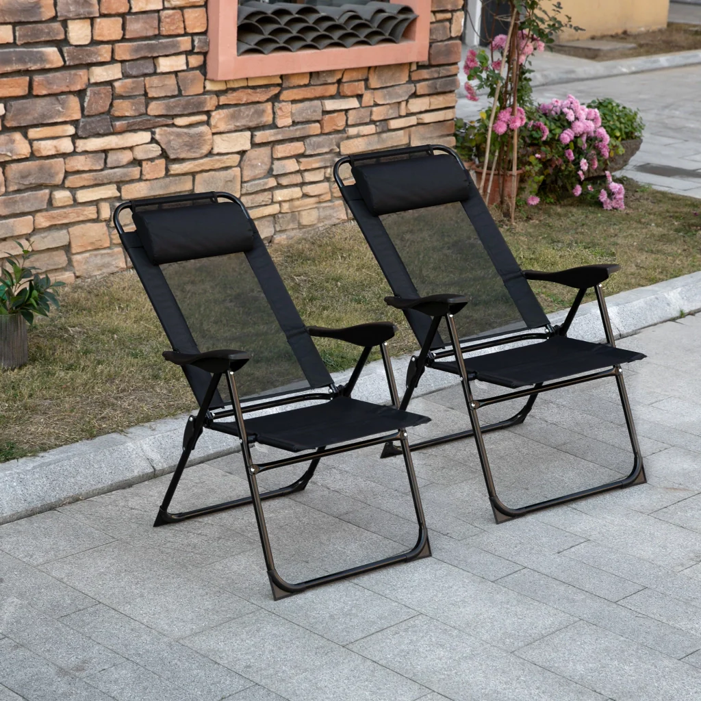 Set di sedie pieghevoli per 2 persone lettino pieghevole resistente e schienale regolabile a 5 posizioni telaio in metallo nero - Image 2