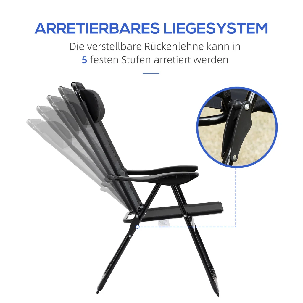 Set di sedie pieghevoli per 2 persone lettino pieghevole resistente e schienale regolabile a 5 posizioni telaio in metallo nero - Image 5