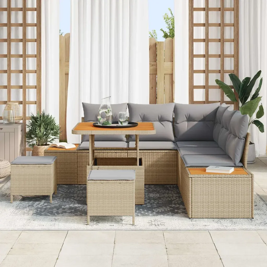 Set Divano da Giardino con cuscino 8 pcs Beige Poly Rattan - Image 3