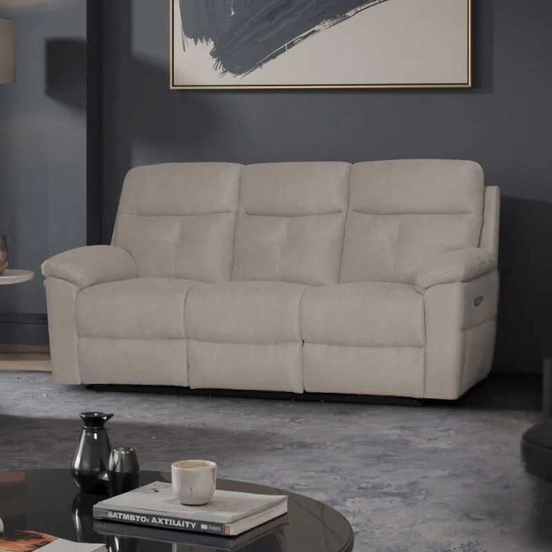 Set divani Kayde 2 e 3 posti recliner elettrici in tessuto Mia 103-05 beige - Image 3