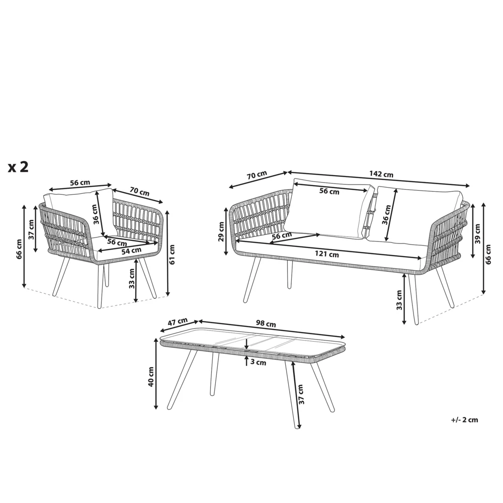 Set divano conversazione da giardino in finto rattan beige con cuscini grigi e tavolino in vetro temperato con gambe in acciaio rustico - Image 4
