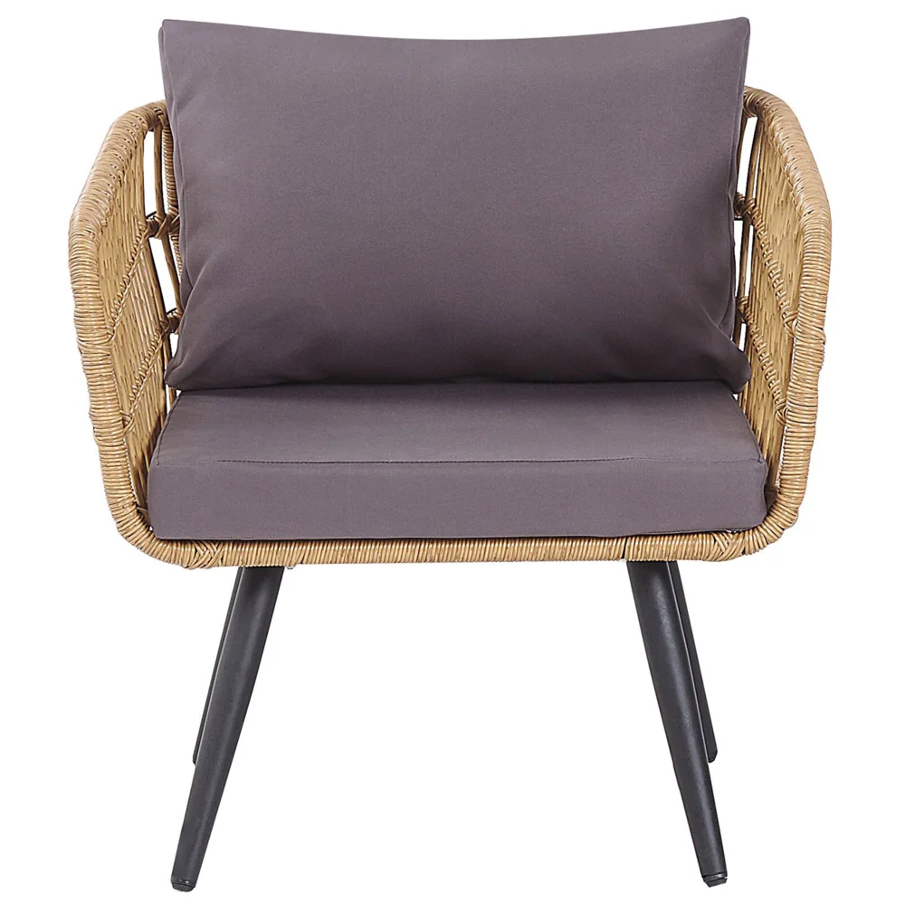 Set divano conversazione da giardino in finto rattan beige con cuscini grigi e tavolino in vetro temperato con gambe in acciaio rustico - Image 7
